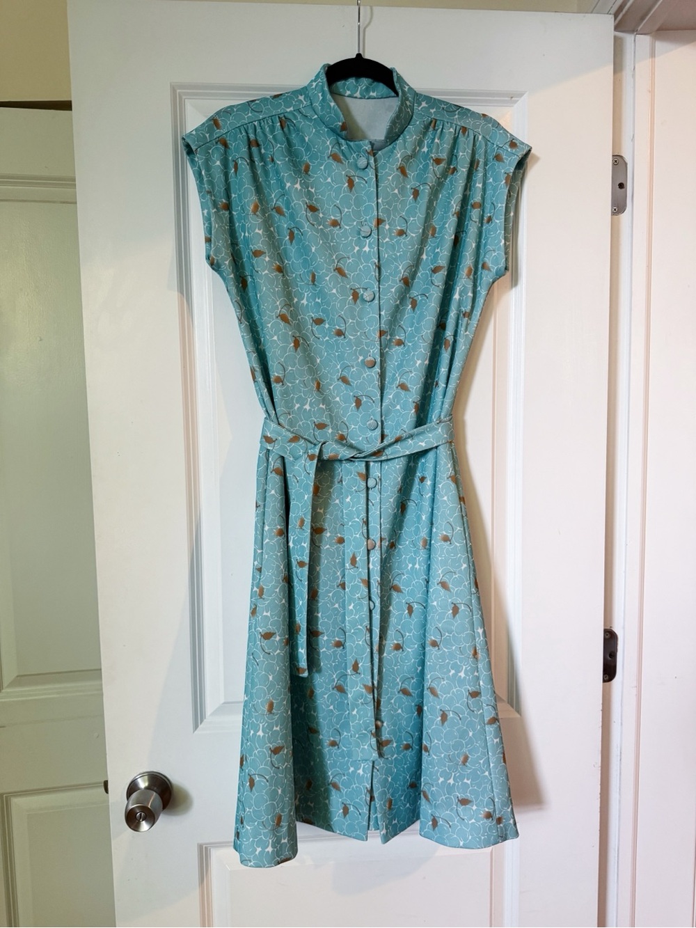 Vintage 60s Sleeveless Teal Floral Button-Front Belted Dress - M